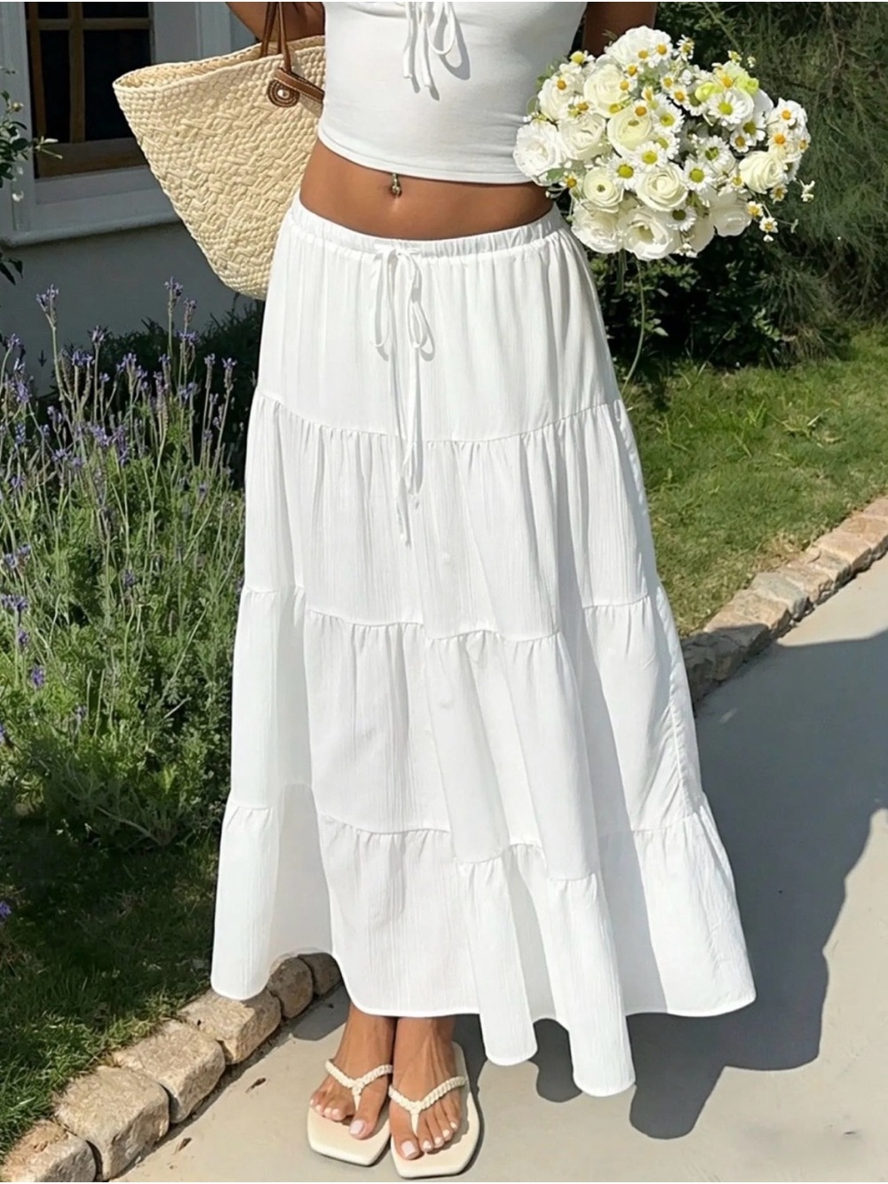 Brandy Melville, Women’s White Tiered Maxi Skirt with Drawstring Waist, One Size